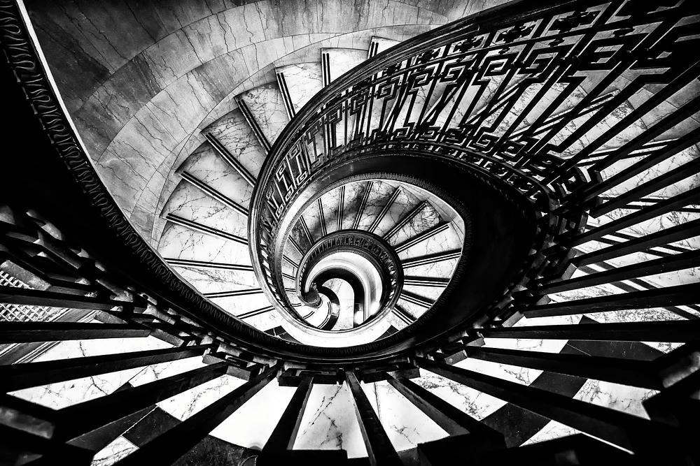 Spiral staircase in black and white